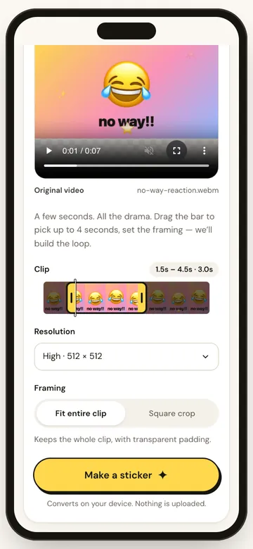 StickerAI resolution and framing settings: High 512 × 512, Fit entire clip or Square crop