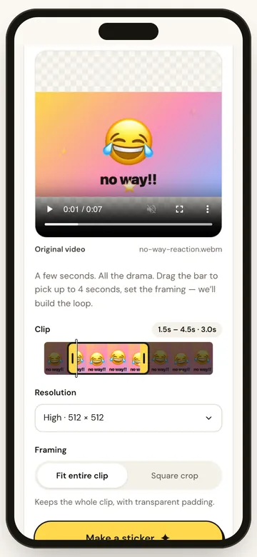 StickerAI editor on a phone with a thumbnail strip and a 3-second selection from 1.5s to 4.5s