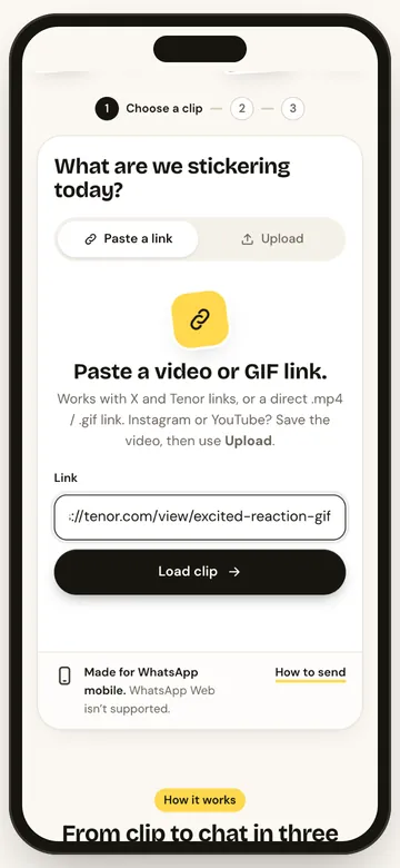 StickerAI Paste a link tab with a Tenor GIF link in the box and a Load clip button