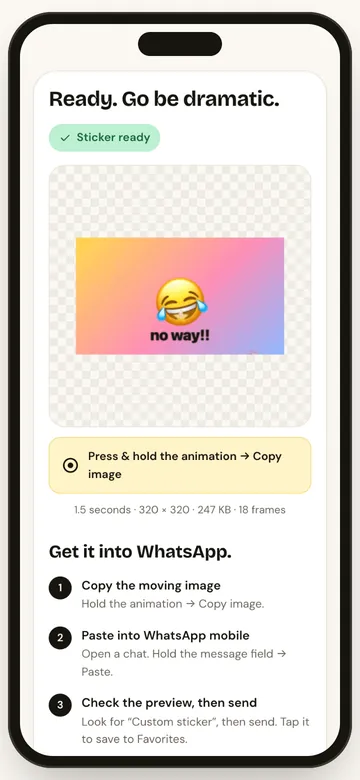 StickerAI result at Compact 320 × 320, 1.5 seconds, 247 KB