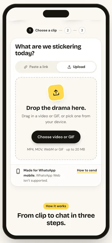 StickerAI Upload tab on a phone, ready to pick a saved Reel or screen recording